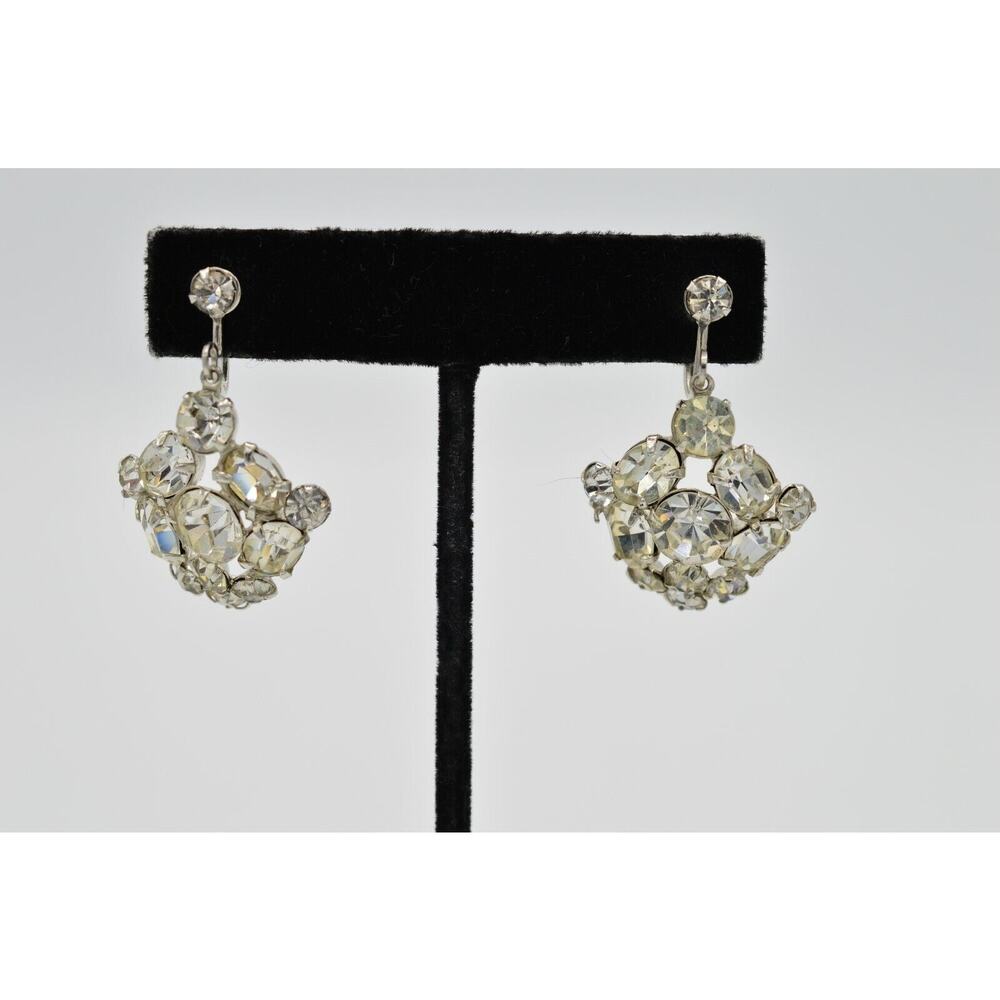 Vintage Earrings Clip Screw Back Rhinestone Crystal Dangle 1980s Bin1